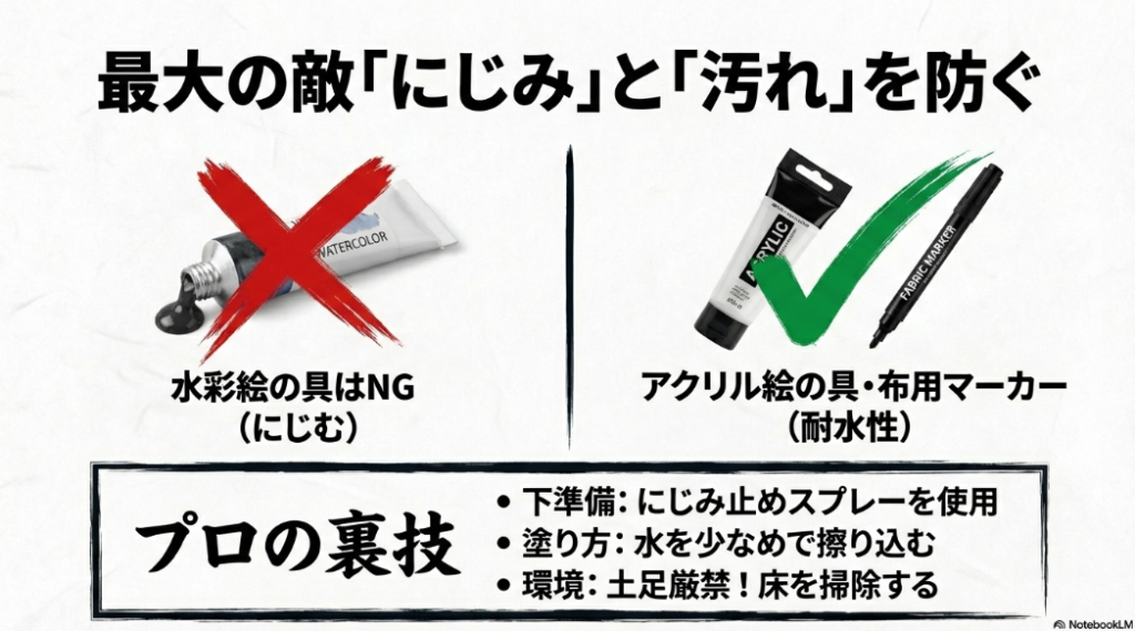 にじみを防ぐためのアクリル絵の具や布用マーカーの使用推奨と、水彩絵の具のNG解説