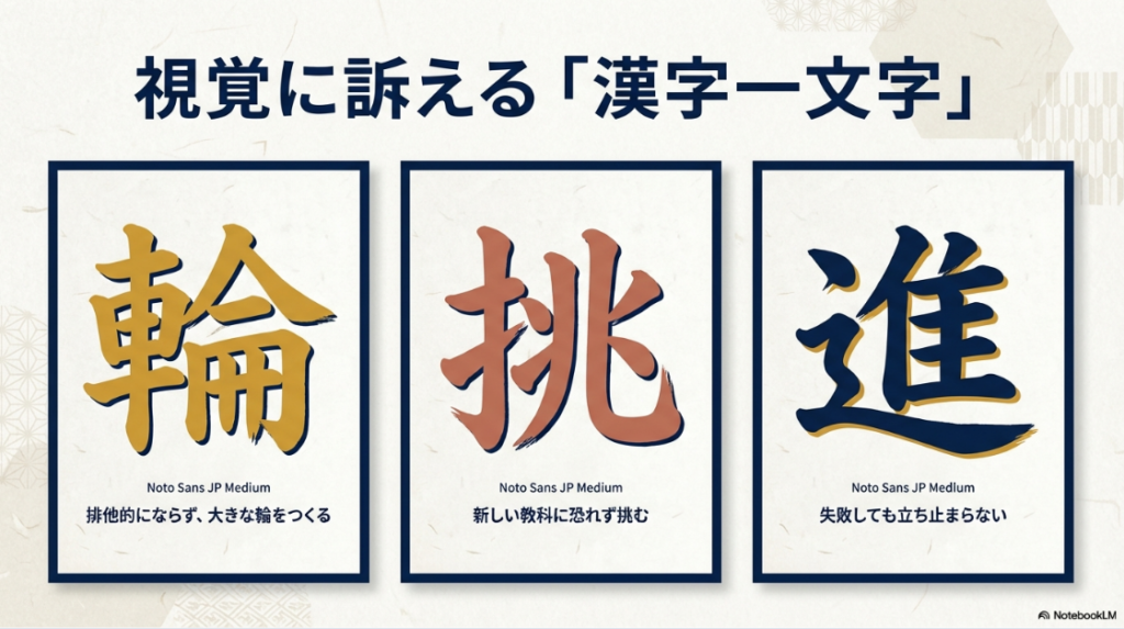 輪・挑・進など視覚に訴える漢字一文字の学級目標