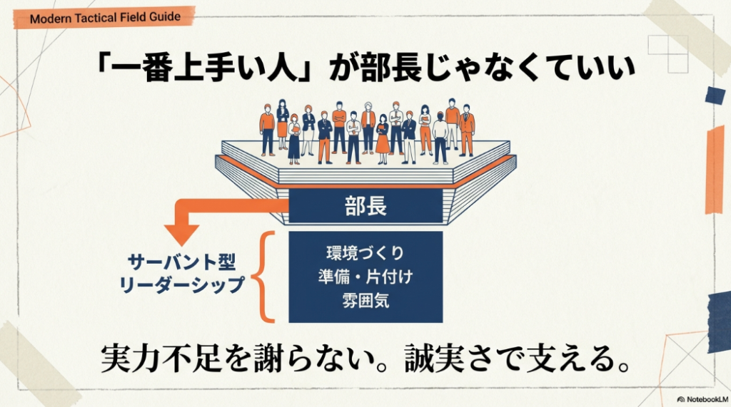 一番上手い人が部長じゃなくていい。環境づくりなどでチームを下から支えるサーバント型リーダーシップの図解