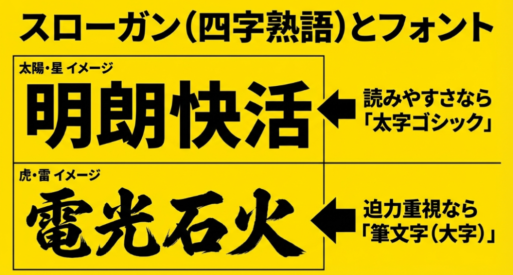 ローガンの読みやすさを重視する太字ゴシック体や迫力重視の大字・筆文字