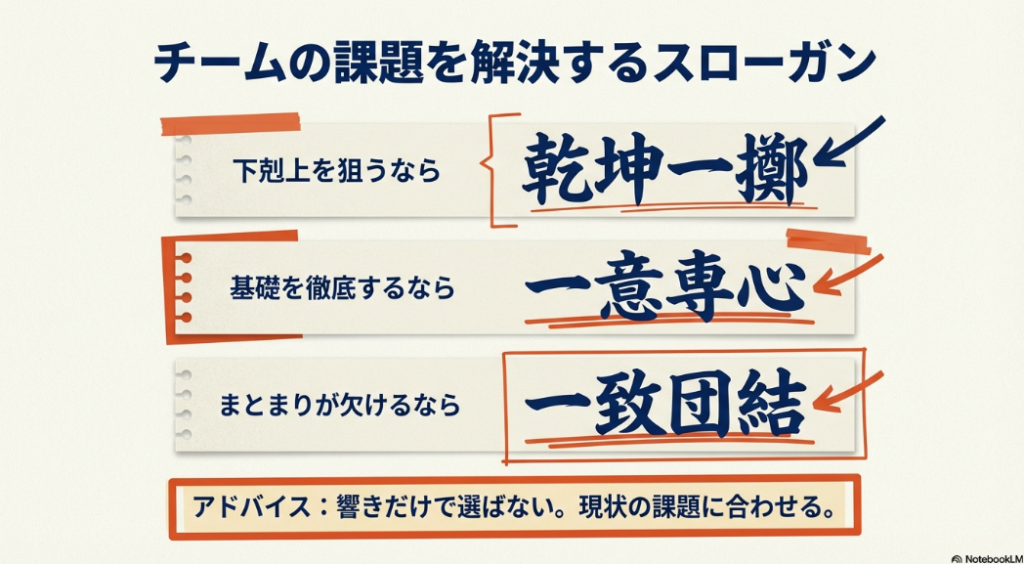 乾坤一擲、一意専心、一致団結などチームの課題を解決するための四字熟語スローガンの例