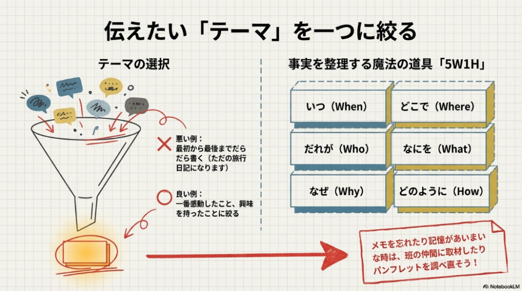 テーマを一つに絞る良い例と悪い例、および事実を整理する魔法の道具「5W1H」の解説図