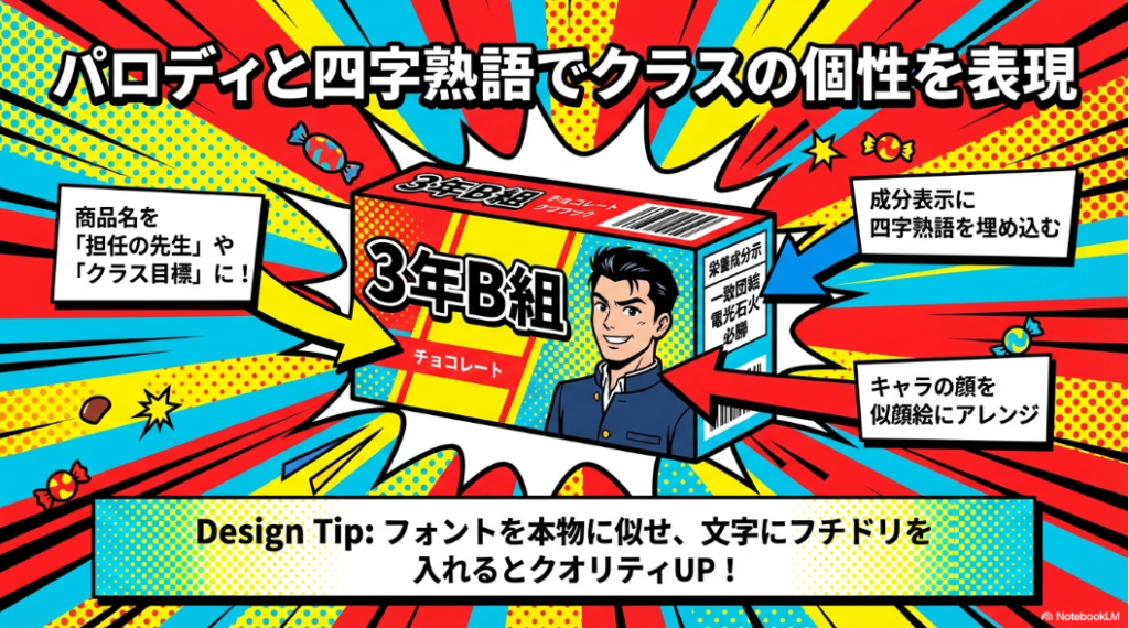 お菓子パッケージの成分表示に四字熟語を埋め込むなど、パロディでクラスの個性を表現するデザインのコツ
