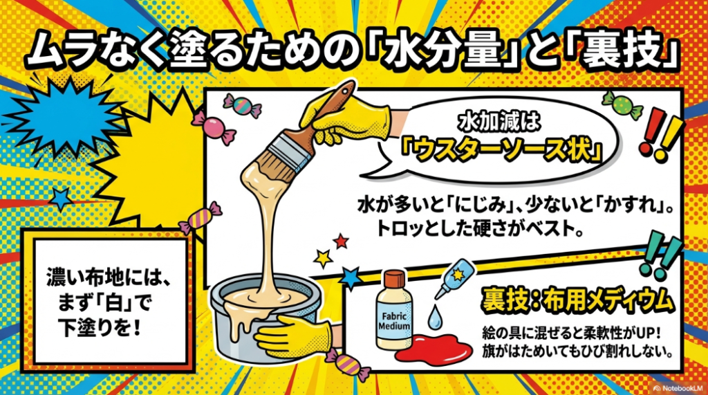 絵の具の水分量をウスターソース状にするコツと、ひび割れを防ぐ裏技である布用メディウムの解説