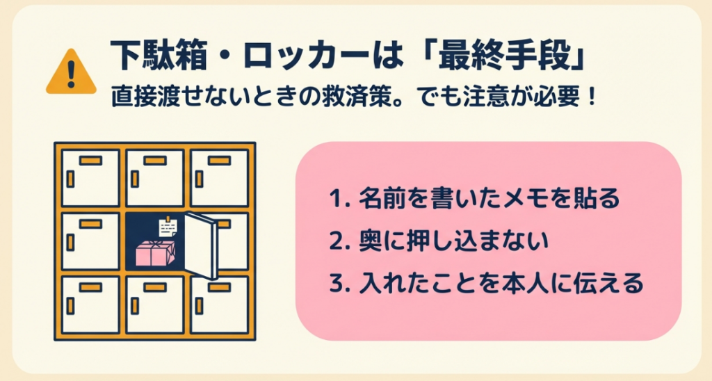下駄箱やロッカーに入れるなら名前メモを付け、奥に押し込まず、入れたことを本人に伝える