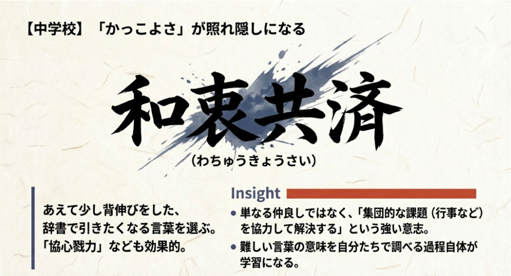 中学校向けの学級目標。かっこよさが照れ隠しになる「和衷共済」