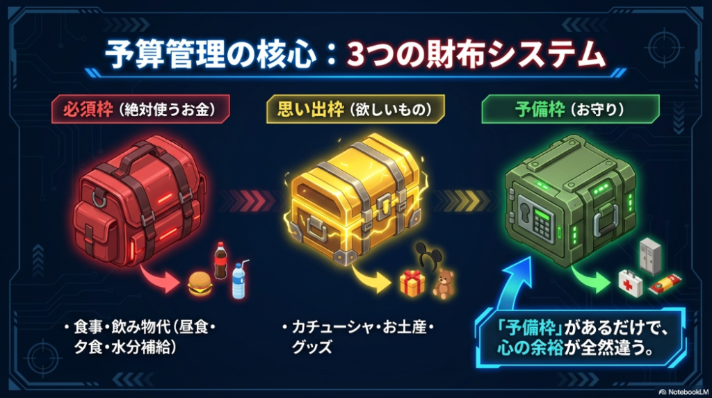 必須枠、思い出枠、予備枠の3つに分けて予算を管理するシステムを図解したスライド