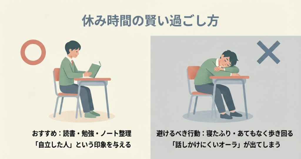 休み時間の賢い過ごし方。読書は自立した印象を与え、寝たふりは話しかけにくいオーラが出る