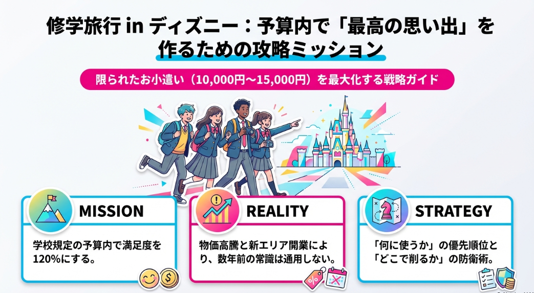 修学旅行ディズニーの予算攻略を「MISSION・REALITY・STRATEGY」の3要素で示した表紙スライド