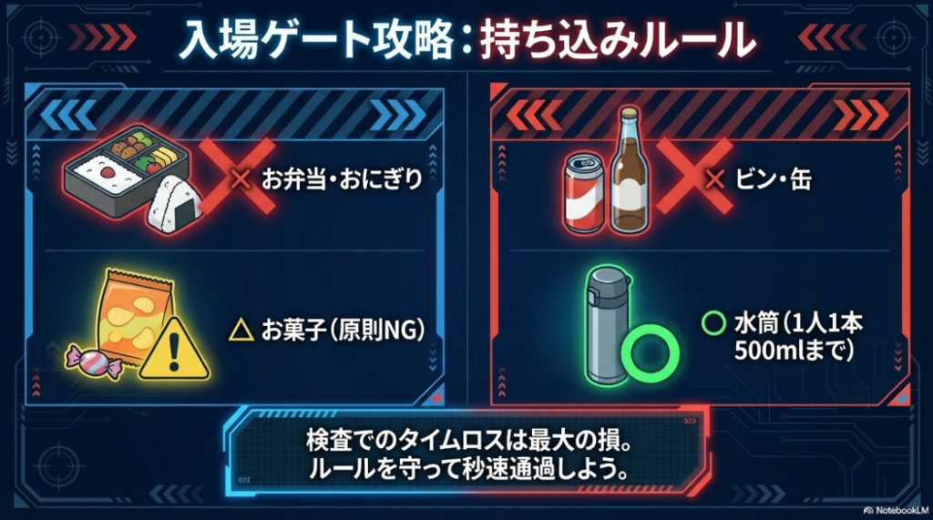 お弁当やビン・缶はNG、水筒は1人1本までなどUSJの持ち込みルールを解説したスライド