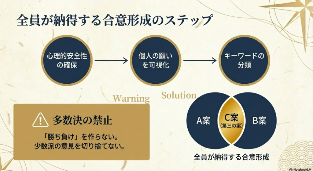心理的安全性の確保、個人の願いの可視化、キーワードの分類を経て、多数決を避け全員が納得する「第三の案（C案）」を導くステップ図。