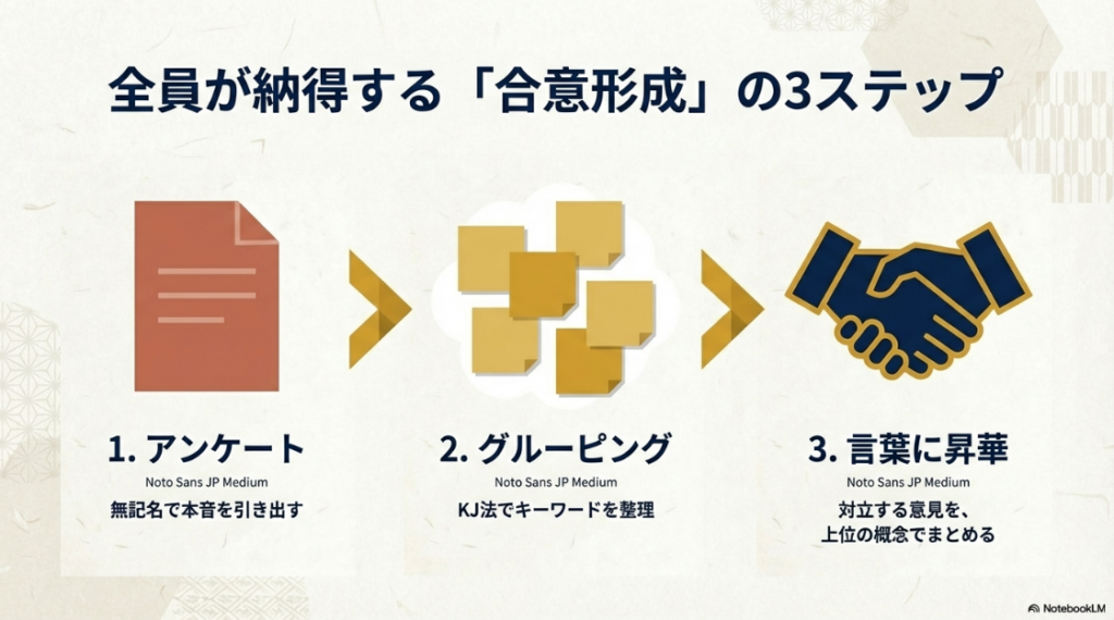 アンケート・グルーピング・言葉に昇華させる合意形成の3ステップ