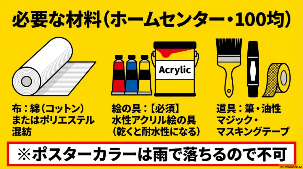 学級旗制作に必要な布、水性アクリル絵の具、筆やマスキングテープなどの道具