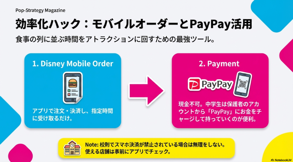 アプリで注文と事前決済を行うモバイルオーダーと、PayPayでの支払い準備を矢印で示す図