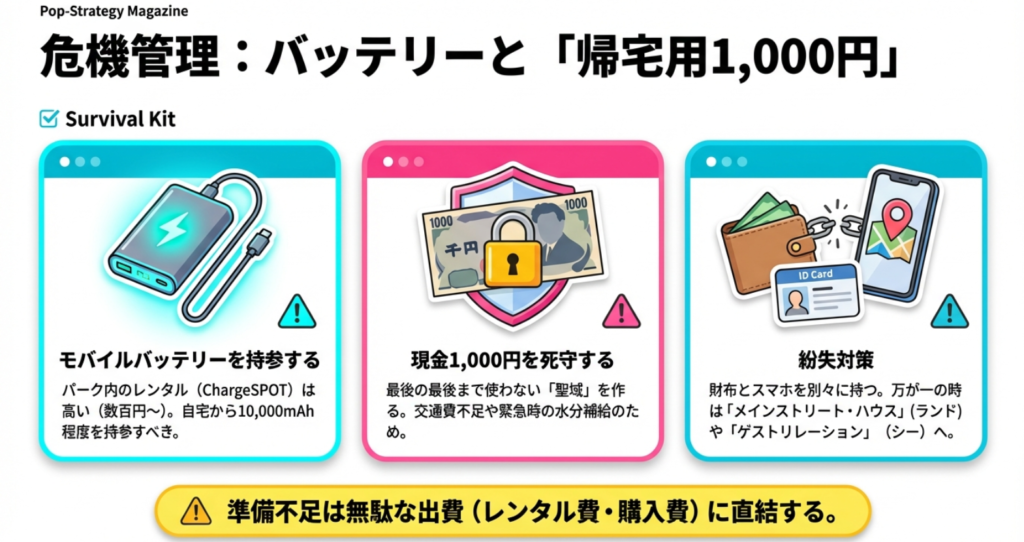 モバイルバッテリー持参、現金1,000円の確保、財布とスマホを分けて持つ紛失対策を3つのカードで解説