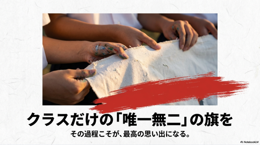 クラスだけの唯一無二の学級旗制作は、その過程こそが最高の思い出になるというメッセージ