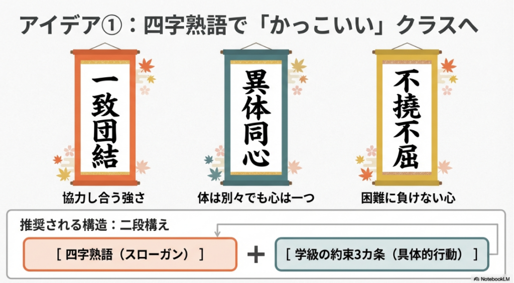四字熟語の学級目標アイデア 。不撓不屈、異体同心、一致団結の意味と、四字熟語の下に3カ条の具体的な行動約束を添える二段構えの構造を推奨している 。