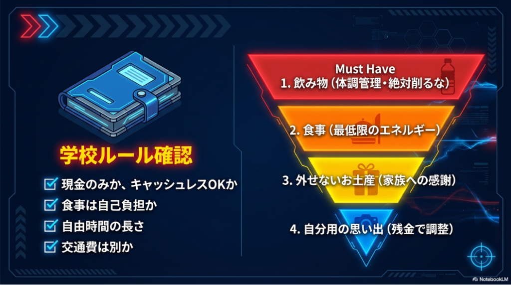 現金のみかキャッシュレスOKかなど、学校ルールの確認項目と必須の出費項目をまとめたスライド
