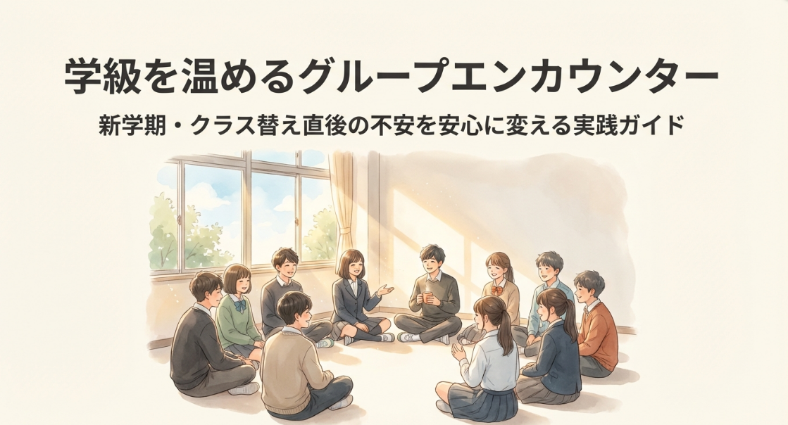 日差しの入る教室で円になって座り、笑顔で話し合う中学生たちと教師のイラスト