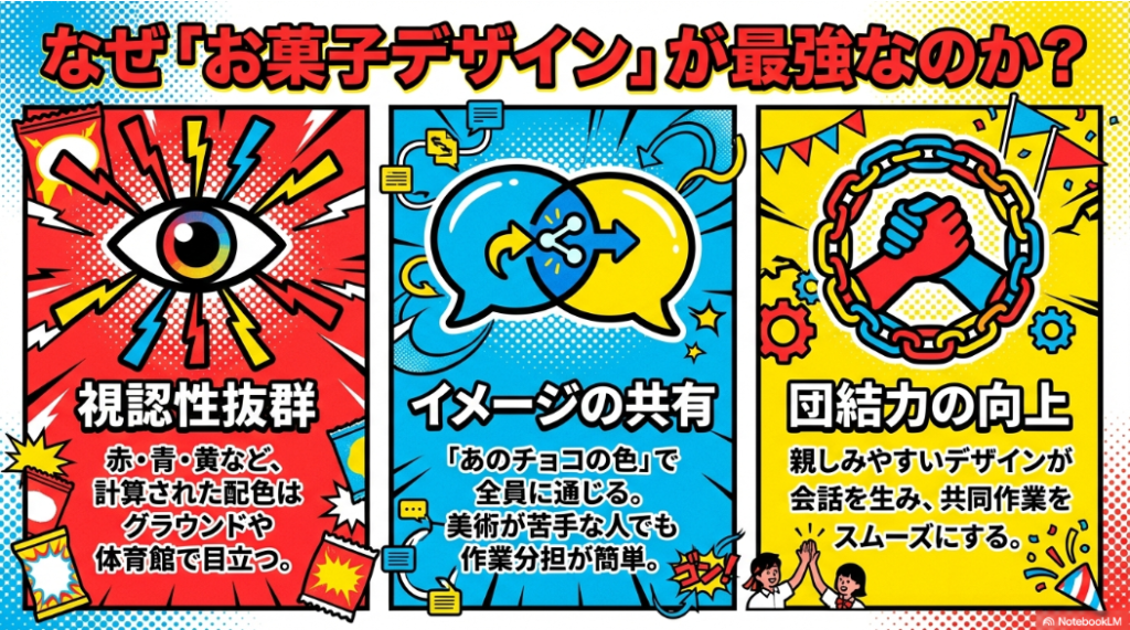 視認性抜群で団結力が向上する「お菓子デザイン」が学級旗のモチーフに最適な理由を解説した図解