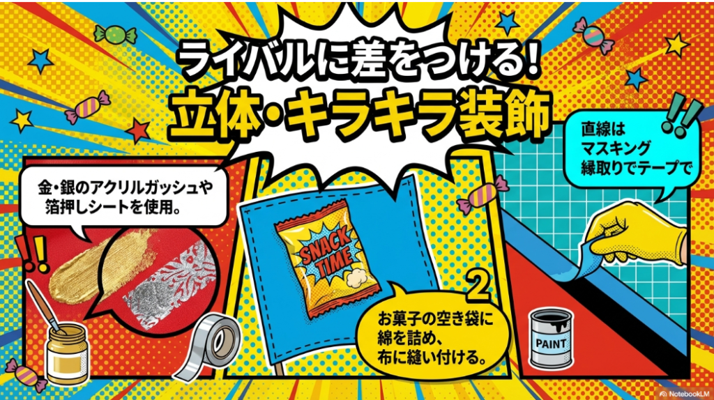 金・銀のアクリルガッシュや箔押しシート、お菓子の空き袋に綿を詰めて立体的に装飾するテクニック