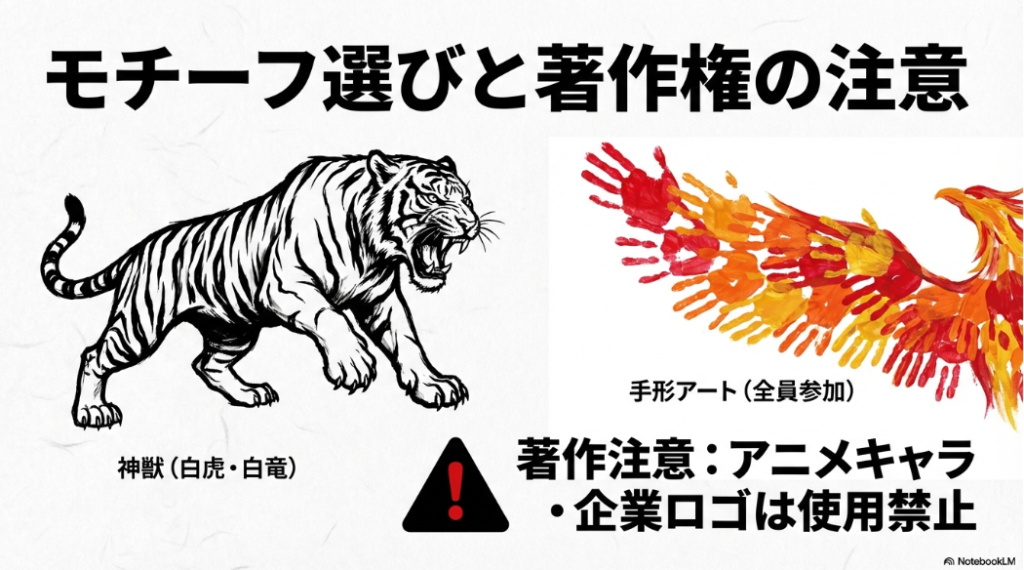 白虎や手形アートなどのモチーフ例と、アニメキャラや企業ロゴ使用禁止の著作権に関する注意点