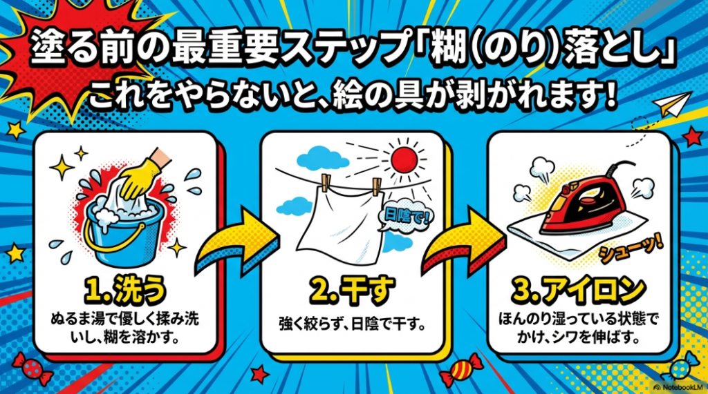 洗う・干す・アイロンをかけるという、絵の具の剥がれを防ぐための布の糊落としの必須3ステップ