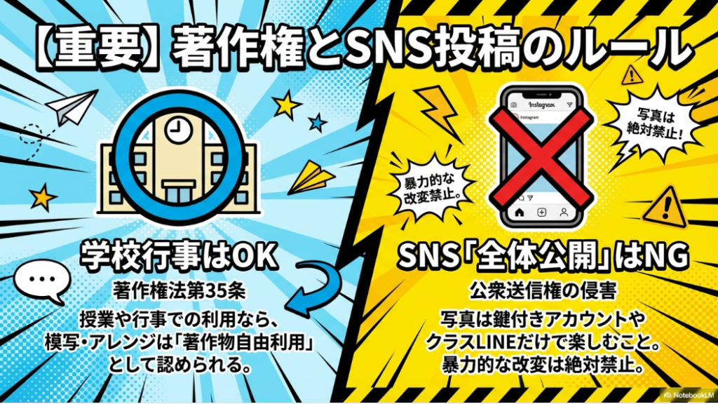 著作物自由利用が認められる学校行事での学級旗と、SNSでの写真の全体公開がNGである理由を説明した図解