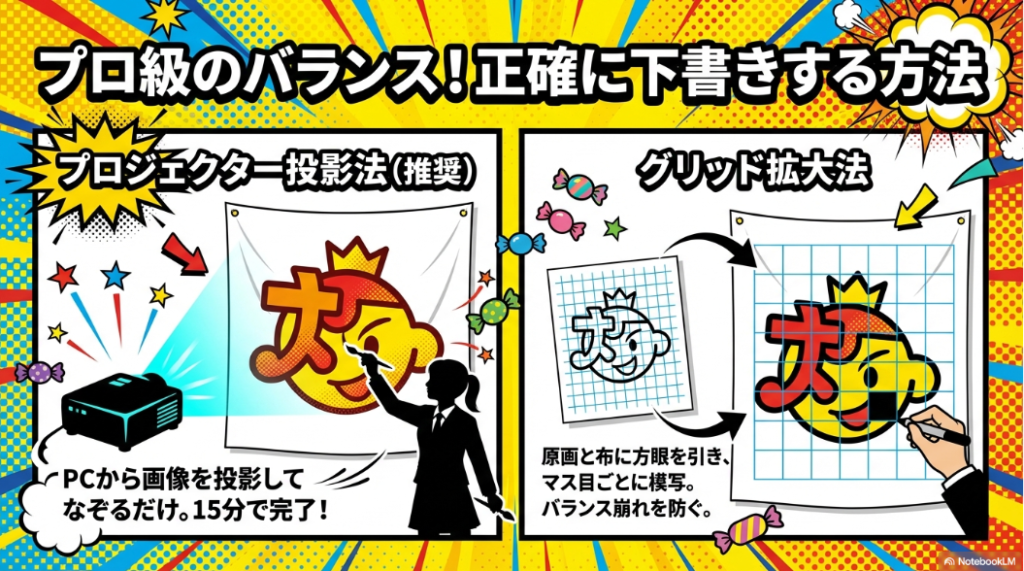 プロジェクター投影法やグリッド拡大法を使って、大きな布に正確にバランスよく下書きをする手順