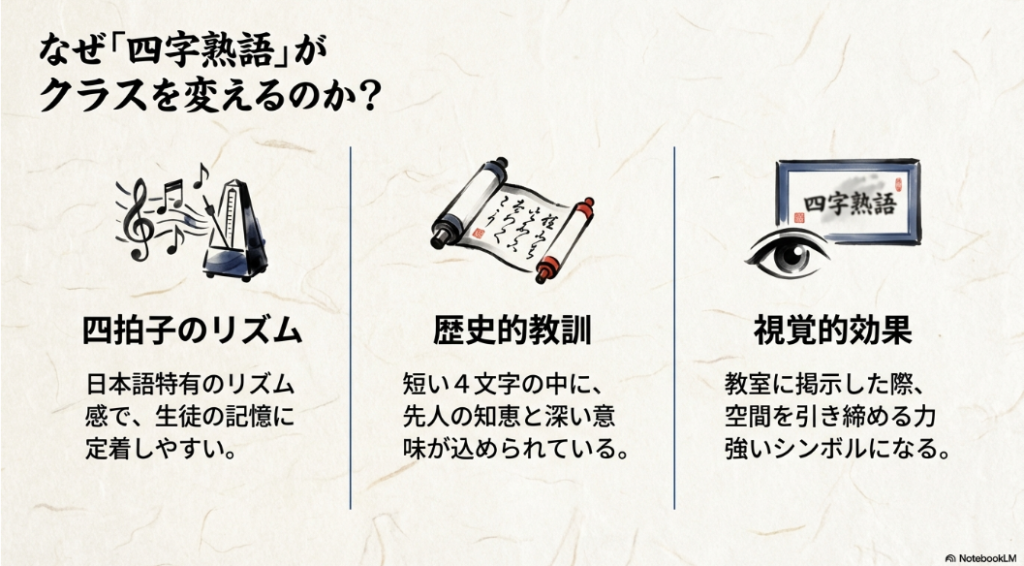 なぜ四字熟語がクラスを変えるのか?四拍子のリズム、歴史的教訓、視覚的効果の3つのメリット