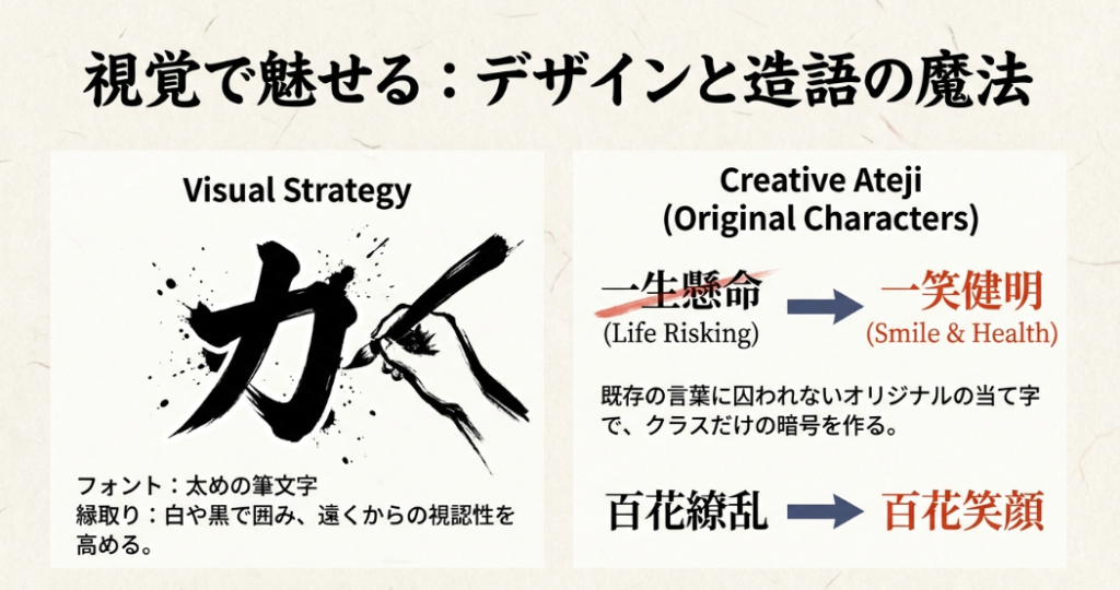 視覚で魅せるデザインと造語の魔法。太めの筆文字と「一笑健明」「百花笑顔」などのオリジナル当て字