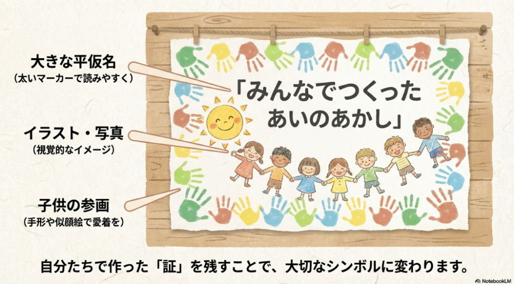 大きな平仮名やイラストを使い、手形や似顔絵で子供が参画することで大切なシンボルに変わるという掲示の工夫