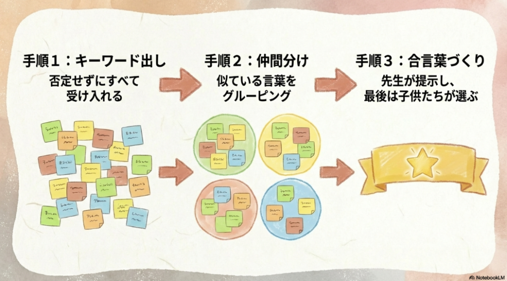 色とりどりの付箋を用いて、キーワード出し、仲間分け、合言葉づくりの3つの手順を説明しているイラスト