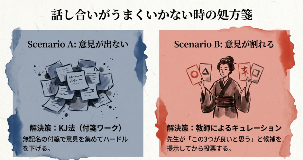 話し合いがうまくいかない時の処方箋。意見が出ない時のKJ法、意見が割れる時の教師によるキュレーション