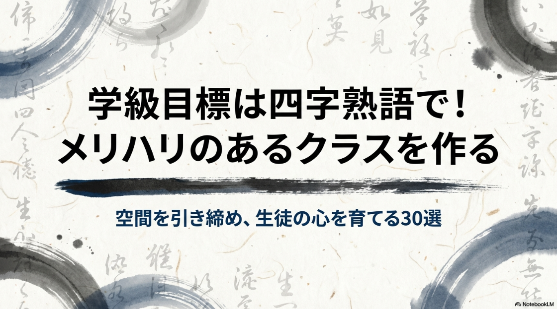 学級目標に四字熟語を採用し、メリハリのあるクラスを作るための30選を紹介するタイトルスライド。