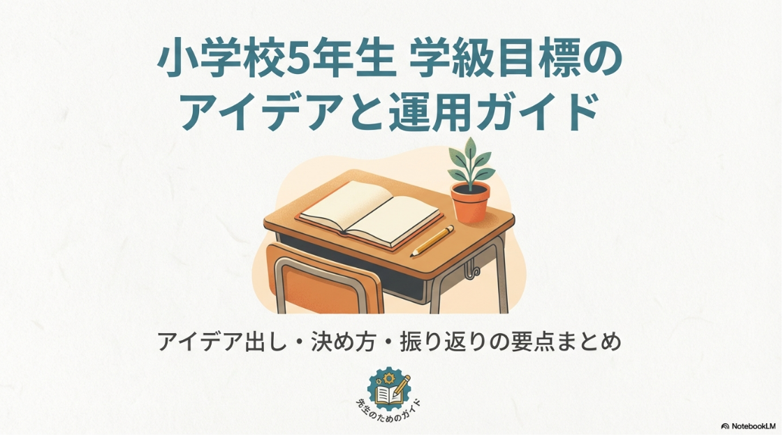 学級目標のアイデアと運用ガイドのタイトル画像。机の上に開かれたノートと鉛筆、植物が置かれているイラスト 。