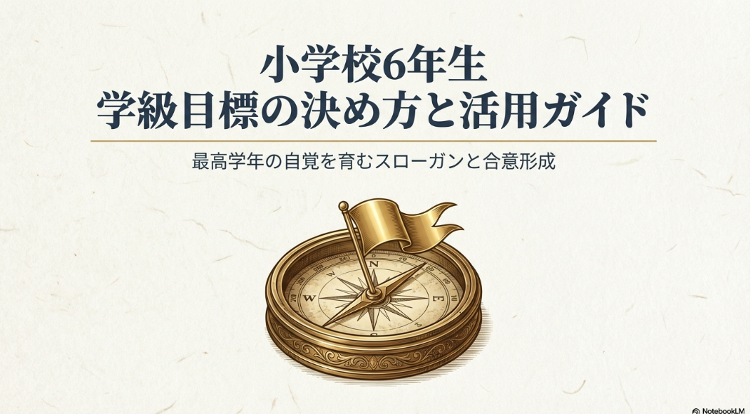 小学校6年生向け学級目標の決め方と活用ガイドのタイトルスライド。羅針盤のイラストが描かれている。
