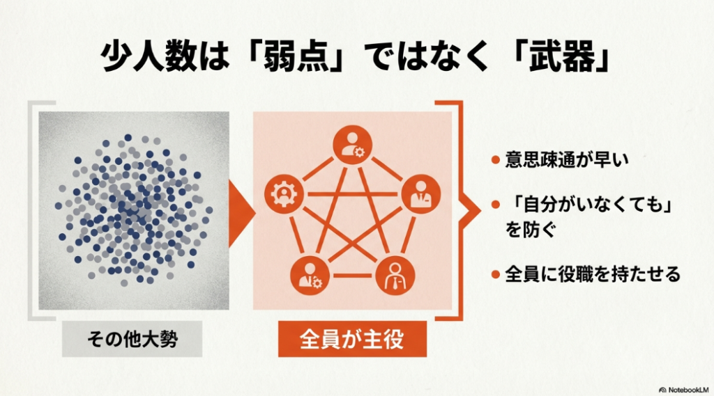 意思疎通が早い、全員に役職を持たせるなど、全員が主役になる少人数の部活のメリットを示した図解