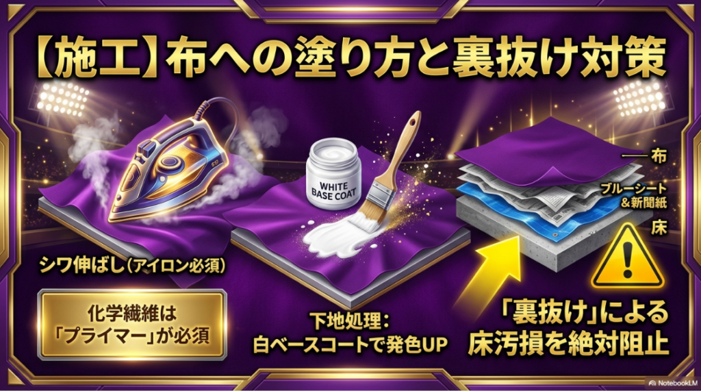 布への塗り方と裏抜け対策。アイロンでのシワ伸ばし、化学繊維へのプライマー必須、白ベースコートでの下地処理、ブルーシートと新聞紙による床の養生