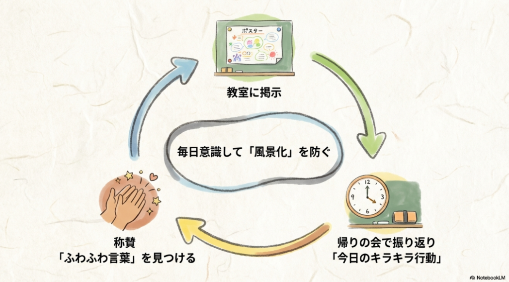 教室の時計と黒板のイラストとともに、毎日意識して風景化を防ぎ、帰りの会でふわふわ言葉を見つける振り返りを行うことを推奨する図