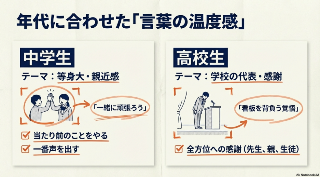 ハイタッチをする中学生のイラストと、中学生と高校生それぞれの年代に合わせた言葉の温度感の違い