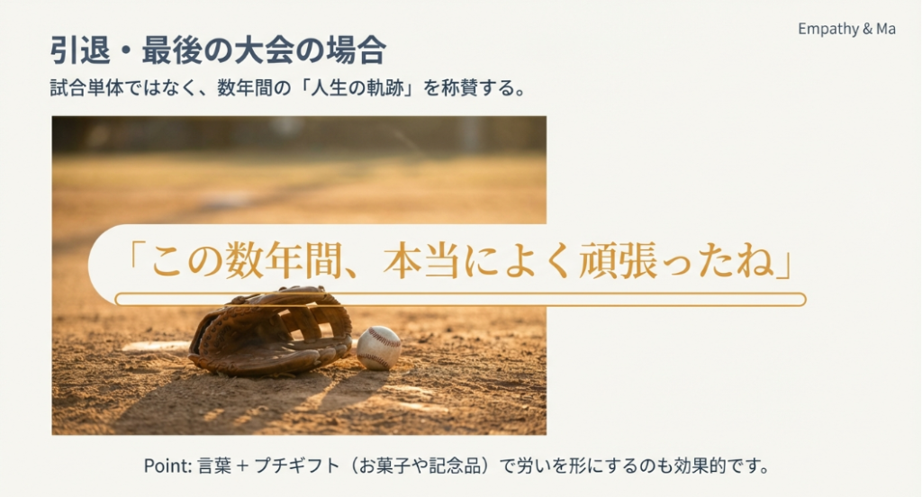 引退試合の後は、数年間の頑張りを称賛することや、プチギフトを添えるポイントを解説したスライド。