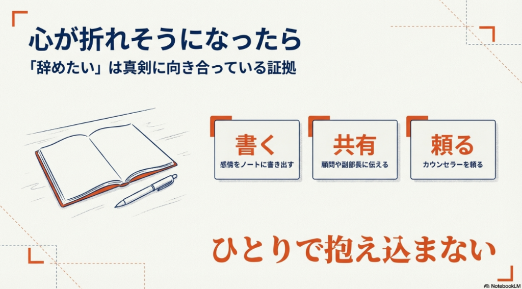 辞めたいと思うのは真剣に向き合っている証拠。感情をノートに書く、顧問に共有する、カウンセラーに頼るというメンタルケアの図解