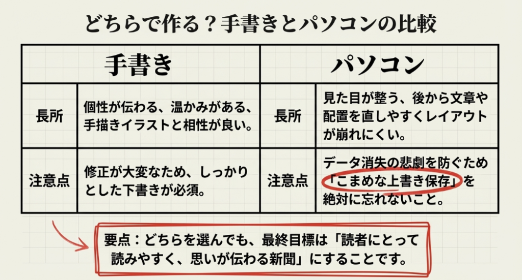 手書きとパソコンで新聞を作成する場合の長所と注意点をまとめた比較表