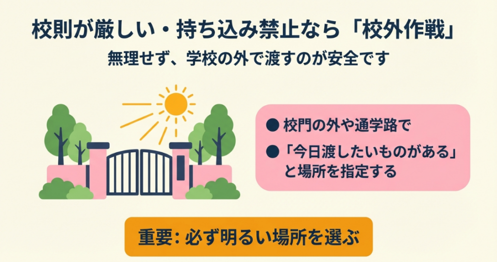 校則が厳しい場合は学校の外で渡し、校門の外や通学路など明るい場所を選ぶ
