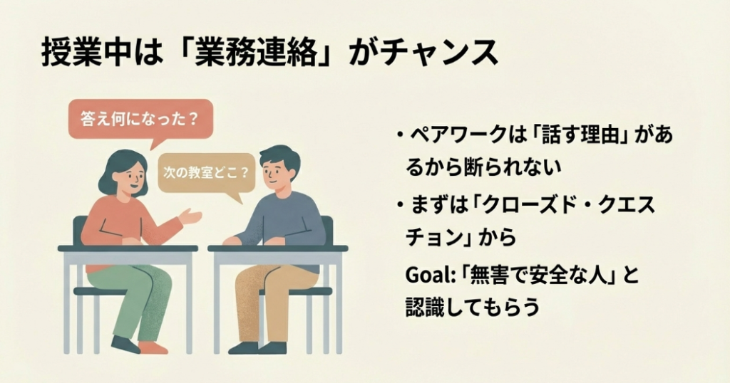授業中は業務連絡がチャンス。ペアワークは話す理由があるから断られない