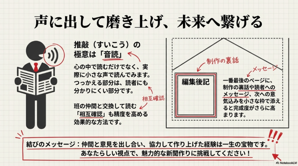 音読や相互確認による推敲の極意と、制作の裏話やメッセージを載せる編集後記の書き方