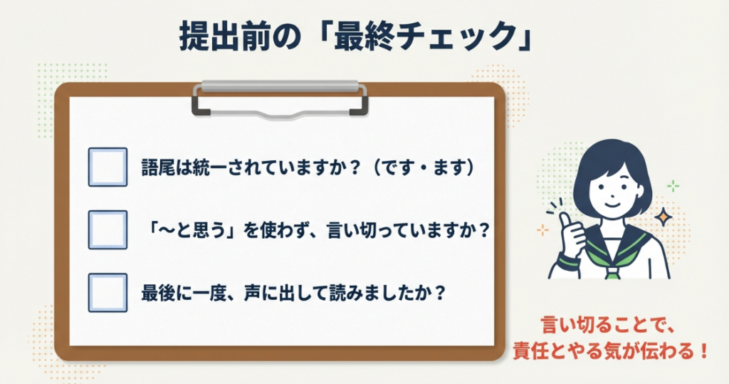 提出前チェックとして、語尾の統一（です・ます）、『〜と思う』を避けて言い切る、声に出して読む、の3点を確認するチェックリスト。