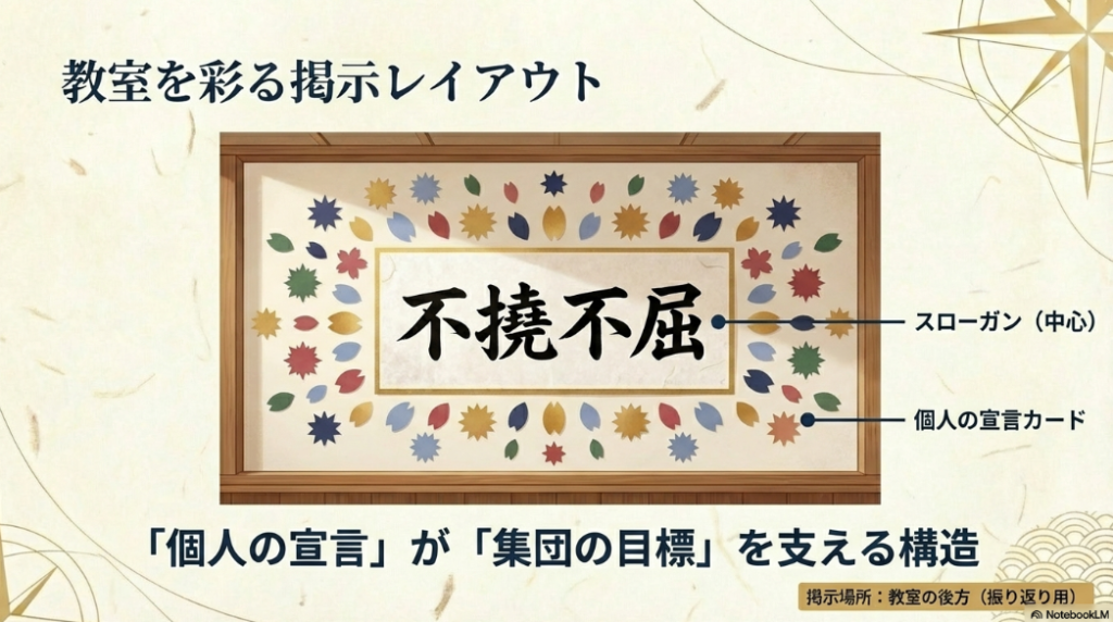 中央に四字熟語のスローガンを配置し、その周囲に個人の宣言カードを貼って、個々の行動が集団を支える構造を示した掲示板のイメージ