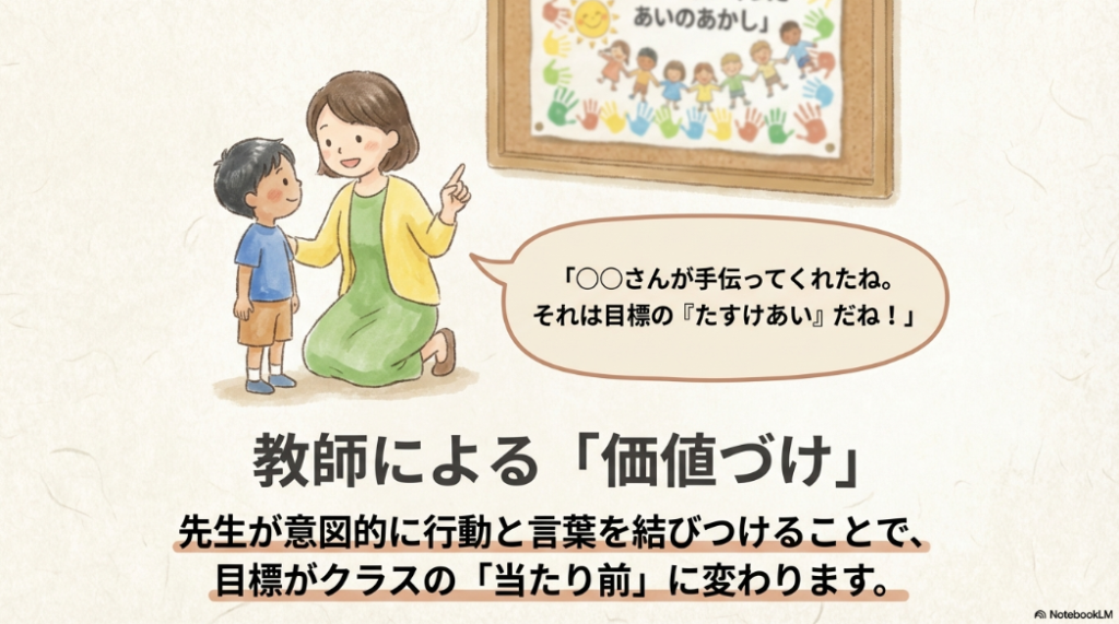 先生が男の子に対し、手伝ってくれた行動を目標の「たすけあい」であると意図的に結びつけて価値づけをしているイラスト